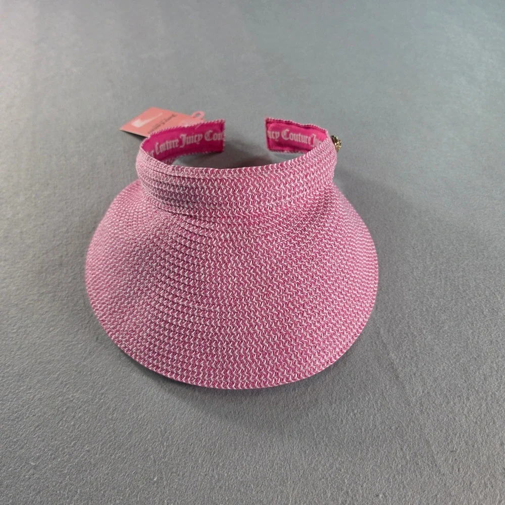 Juicy Couture Pink Woven Straw Visor Sun Hat Rhinestone Heart Charm NWT One Size